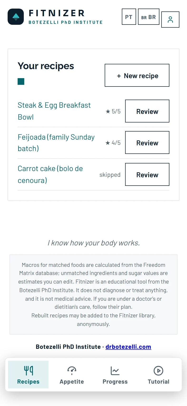 My recipes: every Fitnized recipe saved to your account