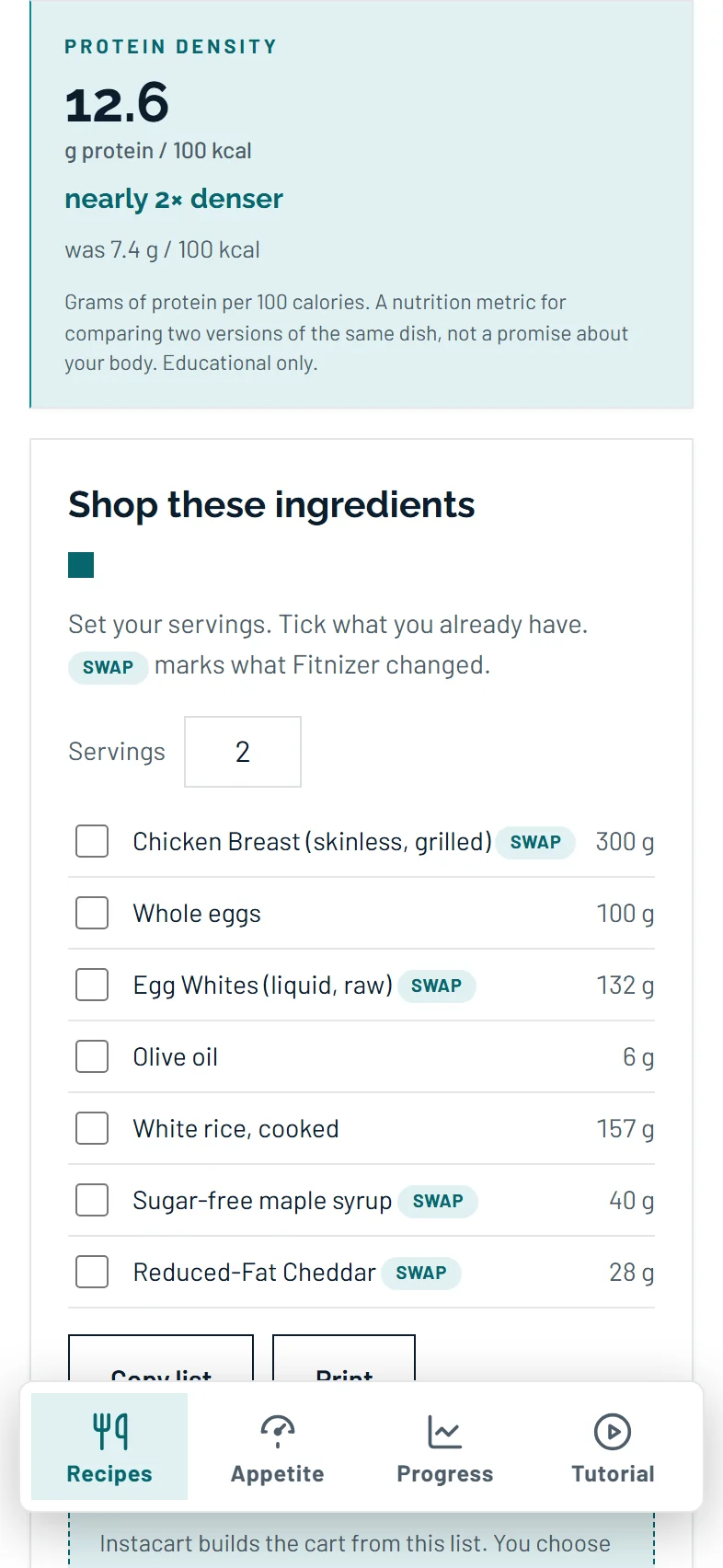 Protein density and database confidence for a Fitnized recipe