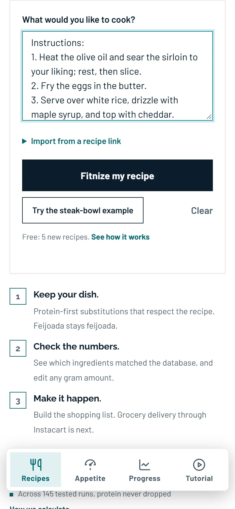 Pasting a recipe into Fitnizer